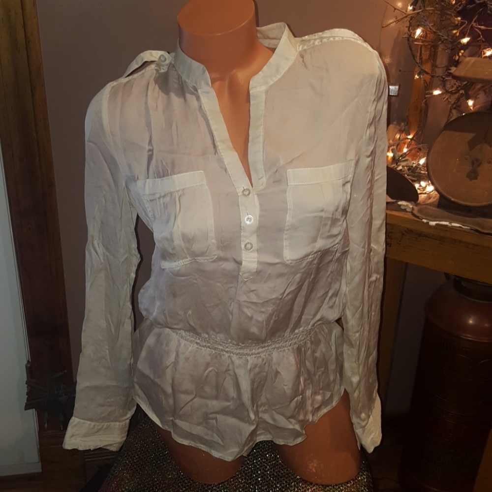 Bebe silk smocked at waist blouse S white